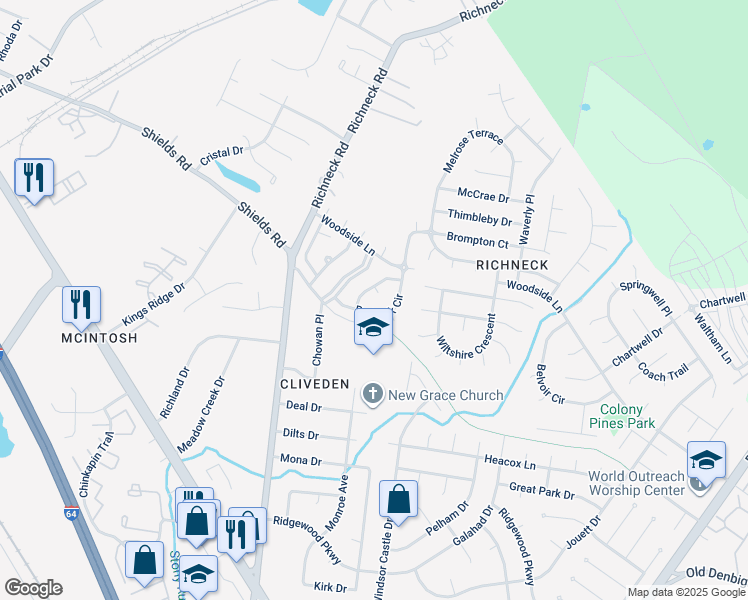 map of restaurants, bars, coffee shops, grocery stores, and more near 103 Hazelwood Court in Newport News