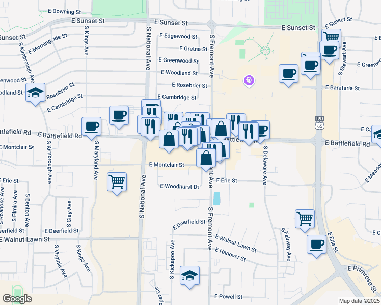 map of restaurants, bars, coffee shops, grocery stores, and more near 1333 E Montclair St in Springfield