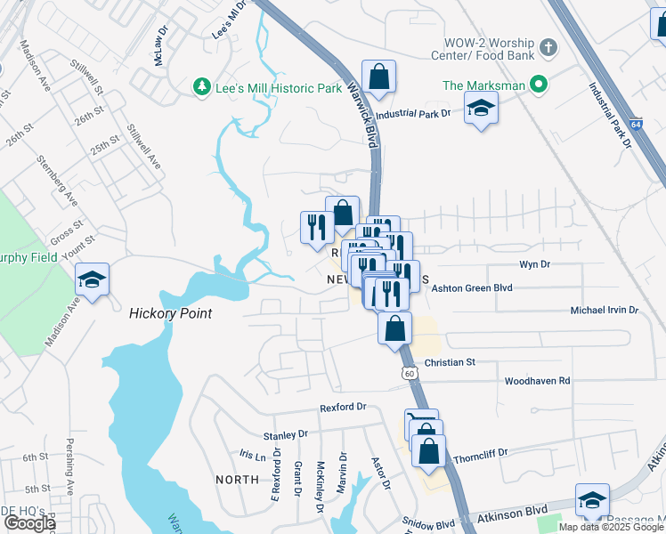 map of restaurants, bars, coffee shops, grocery stores, and more near 105 Shellabarger Drive in Newport News