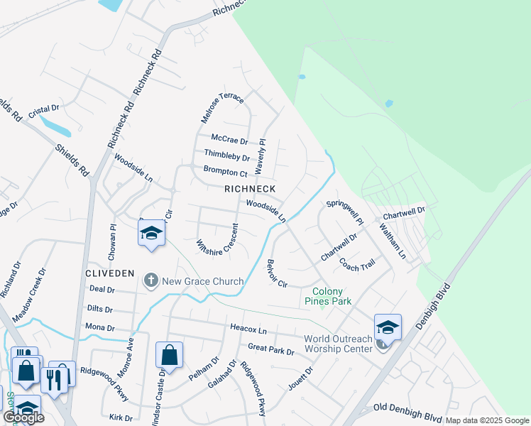 map of restaurants, bars, coffee shops, grocery stores, and more near 885 Weyanoke Lane in Newport News