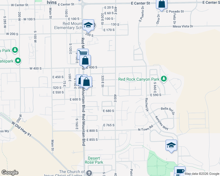 map of restaurants, bars, coffee shops, grocery stores, and more near 349 East 580 South in Ivins