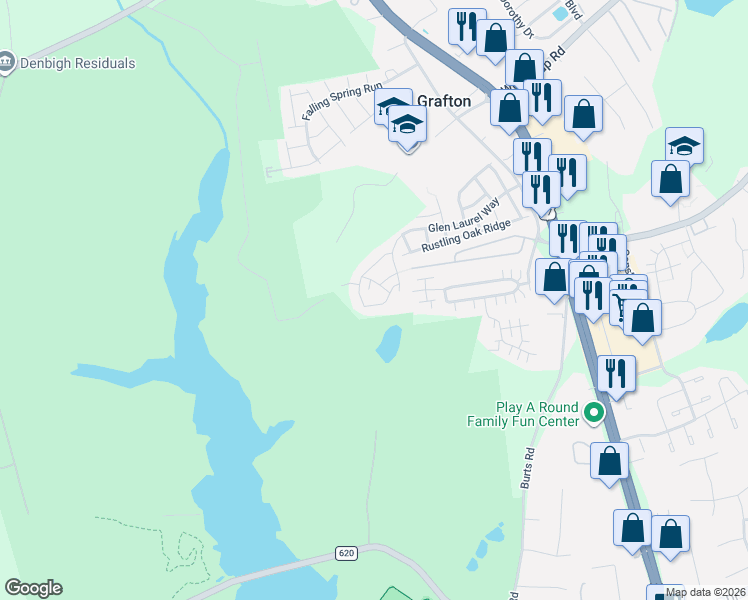 map of restaurants, bars, coffee shops, grocery stores, and more near 148 Songbird Trail in Yorktown