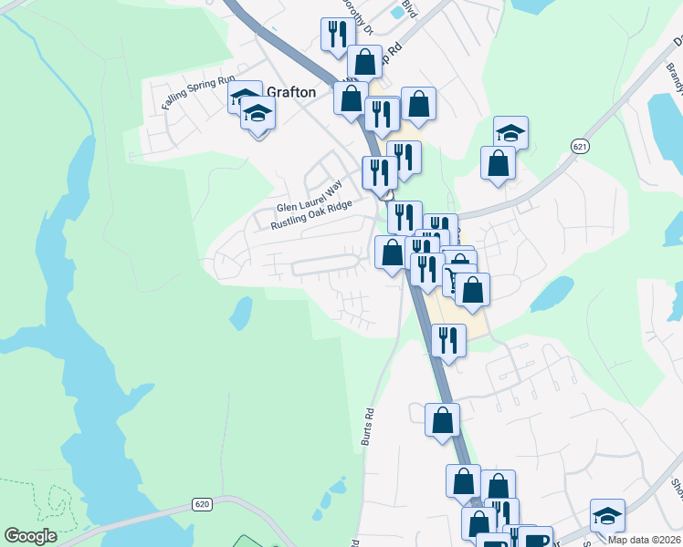 map of restaurants, bars, coffee shops, grocery stores, and more near 516 Timberline Loop in Yorktown
