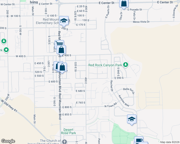 map of restaurants, bars, coffee shops, grocery stores, and more near 567 South Fiesta Drive in Ivins