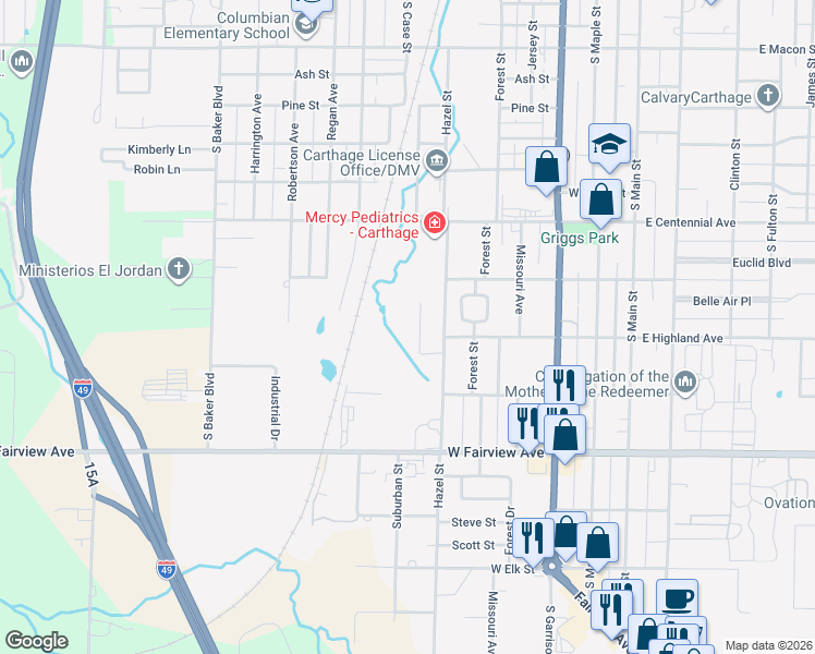 map of restaurants, bars, coffee shops, grocery stores, and more near 1735 Hazel Street in Carthage