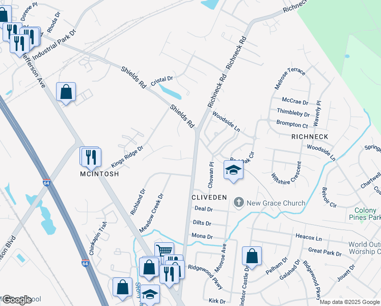 map of restaurants, bars, coffee shops, grocery stores, and more near 307 Richneck Road in Newport News