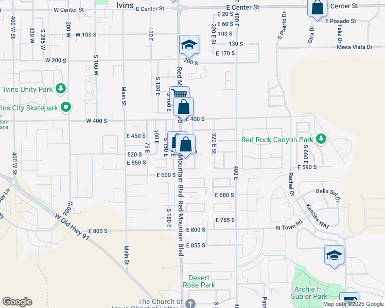 map of restaurants, bars, coffee shops, grocery stores, and more near 530 South 250 East in Ivins