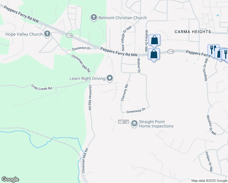 map of restaurants, bars, coffee shops, grocery stores, and more near 25 Gavins Court Northwest in Christiansburg