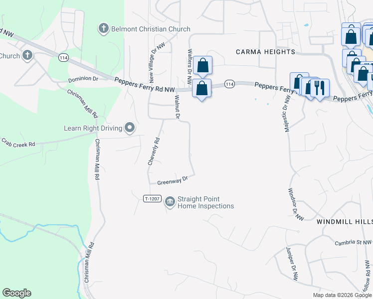 map of restaurants, bars, coffee shops, grocery stores, and more near 101-399 State Route T-1203 in Christiansburg