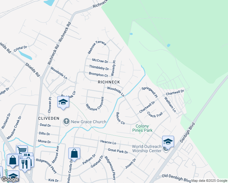map of restaurants, bars, coffee shops, grocery stores, and more near 883 Weyanoke Lane in Newport News