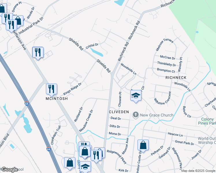 map of restaurants, bars, coffee shops, grocery stores, and more near 307 Richneck Road in Newport News