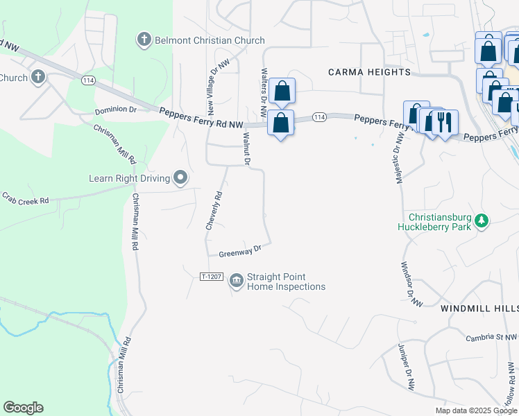 map of restaurants, bars, coffee shops, grocery stores, and more near 101-399 State Route T-1203 in Christiansburg