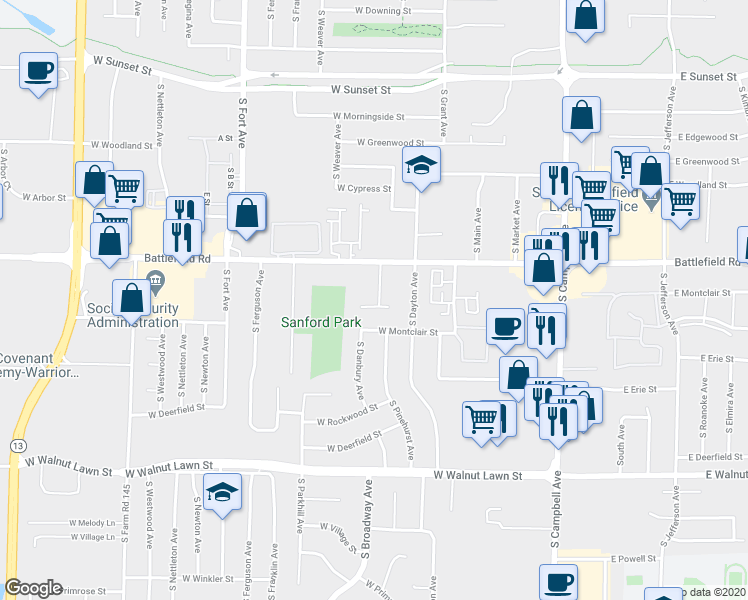 map of restaurants, bars, coffee shops, grocery stores, and more near 820 West Raynell Street in Springfield