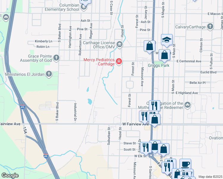 map of restaurants, bars, coffee shops, grocery stores, and more near 1821 Hazel Street in Carthage