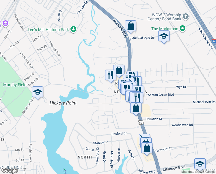 map of restaurants, bars, coffee shops, grocery stores, and more near 209 Heron Drive in Newport News
