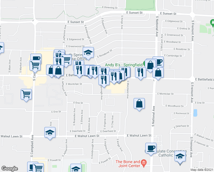 map of restaurants, bars, coffee shops, grocery stores, and more near 3046 South Kimbrough Avenue in Springfield