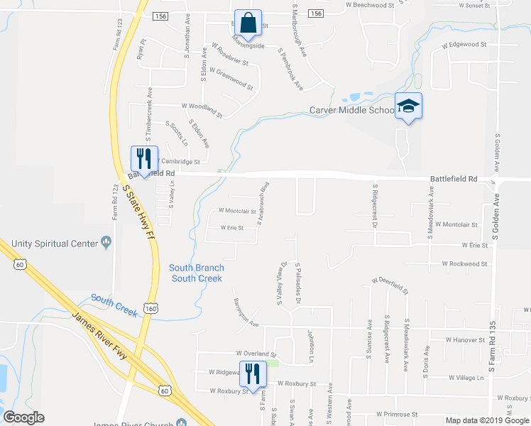 map of restaurants, bars, coffee shops, grocery stores, and more near 3150 South Anabranch Boulevard in Springfield