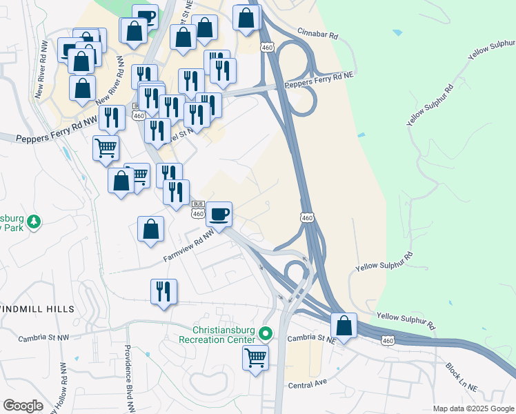 map of restaurants, bars, coffee shops, grocery stores, and more near 419-463 Farmview Rd NE in Christiansburg