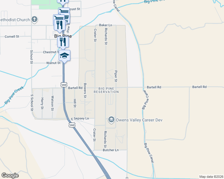 map of restaurants, bars, coffee shops, grocery stores, and more near 767-799 Piper Street in Big Pine