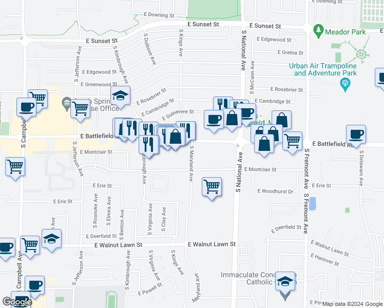 map of restaurants, bars, coffee shops, grocery stores, and more near 5315 South Maryland Avenue in Springfield