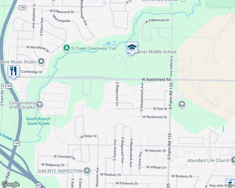 map of restaurants, bars, coffee shops, grocery stores, and more near 3066 South Ridgecrest Drive in Springfield