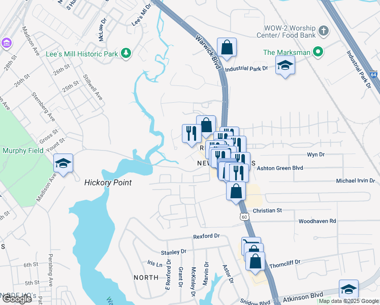 map of restaurants, bars, coffee shops, grocery stores, and more near 205 Heron Drive in Newport News