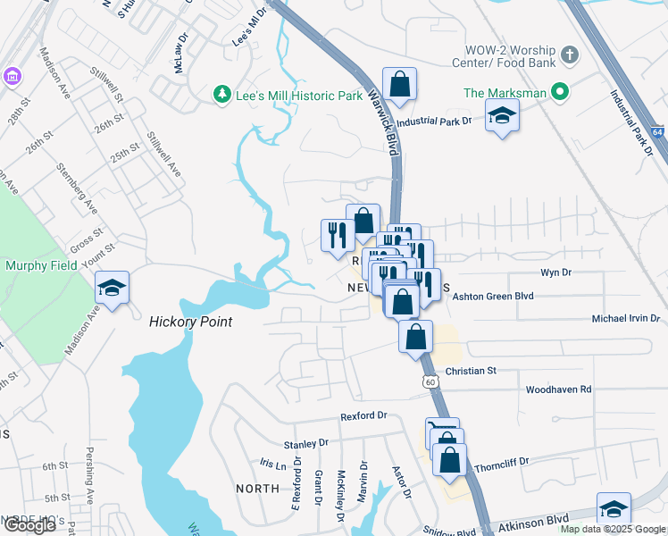 map of restaurants, bars, coffee shops, grocery stores, and more near 205 Heron Drive in Newport News