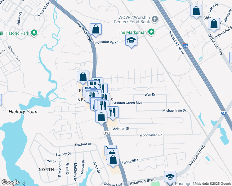 map of restaurants, bars, coffee shops, grocery stores, and more near 431 Wyn Drive in Newport News