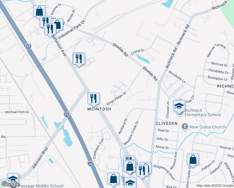 map of restaurants, bars, coffee shops, grocery stores, and more near 511 Charlemagne Court in Newport News