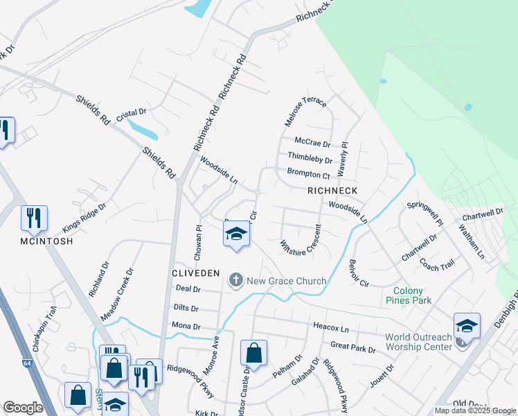 map of restaurants, bars, coffee shops, grocery stores, and more near 960 Red Oak Circle in Newport News
