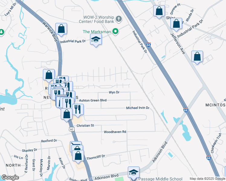 map of restaurants, bars, coffee shops, grocery stores, and more near 475 Wyn Drive in Newport News