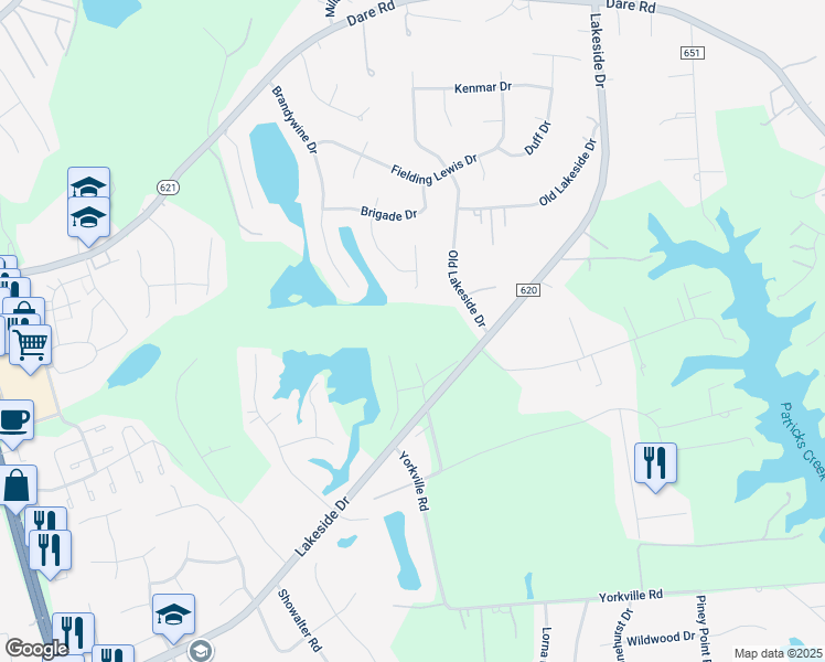 map of restaurants, bars, coffee shops, grocery stores, and more near 117 Gaines Way in Yorktown