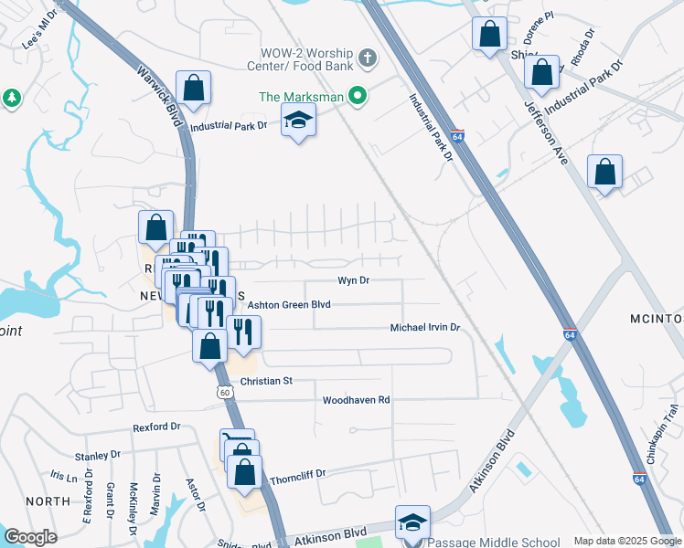 map of restaurants, bars, coffee shops, grocery stores, and more near 471 Wyn Drive in Newport News