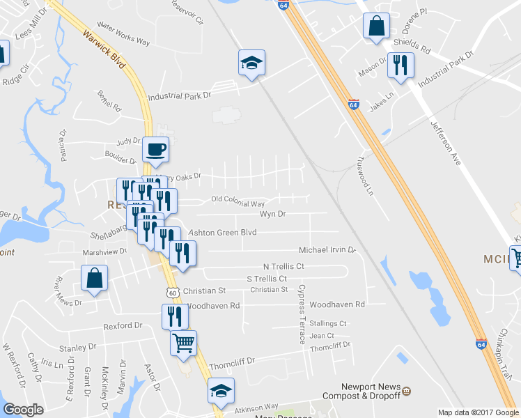 map of restaurants, bars, coffee shops, grocery stores, and more near 469 Wyn Drive in Newport News