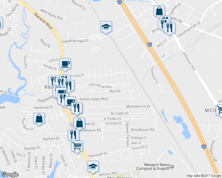 map of restaurants, bars, coffee shops, grocery stores, and more near 471 Wyn Drive in Newport News