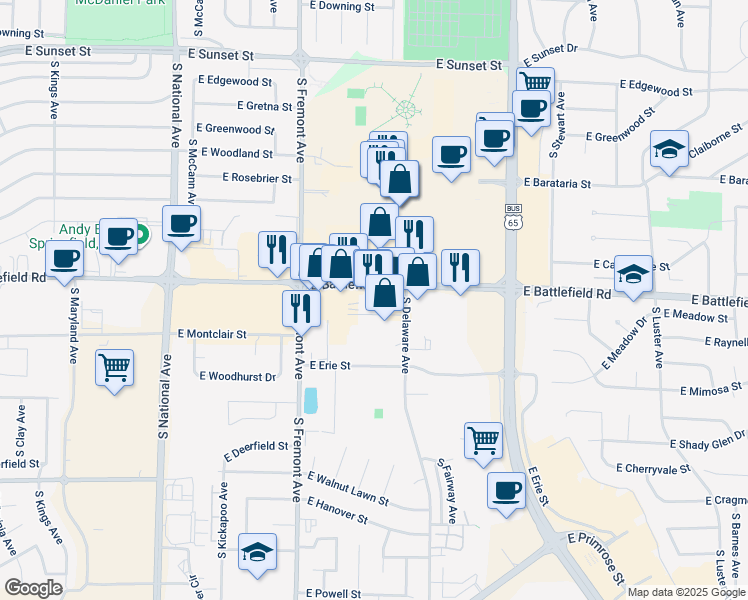 map of restaurants, bars, coffee shops, grocery stores, and more near 1550 East Battlefield Road in Springfield
