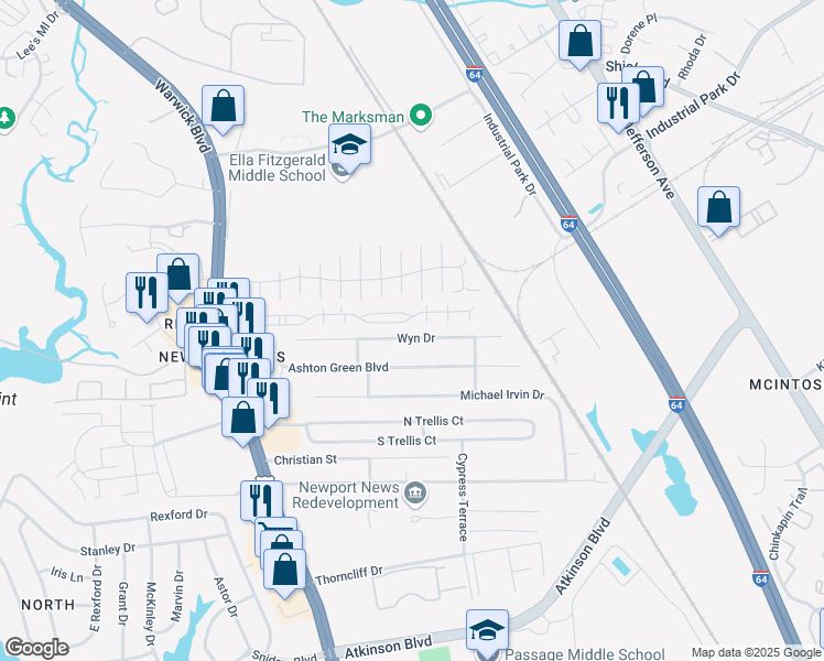 map of restaurants, bars, coffee shops, grocery stores, and more near 475 Wyn Drive in Newport News