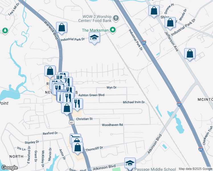 map of restaurants, bars, coffee shops, grocery stores, and more near 469 Wyn Drive in Newport News