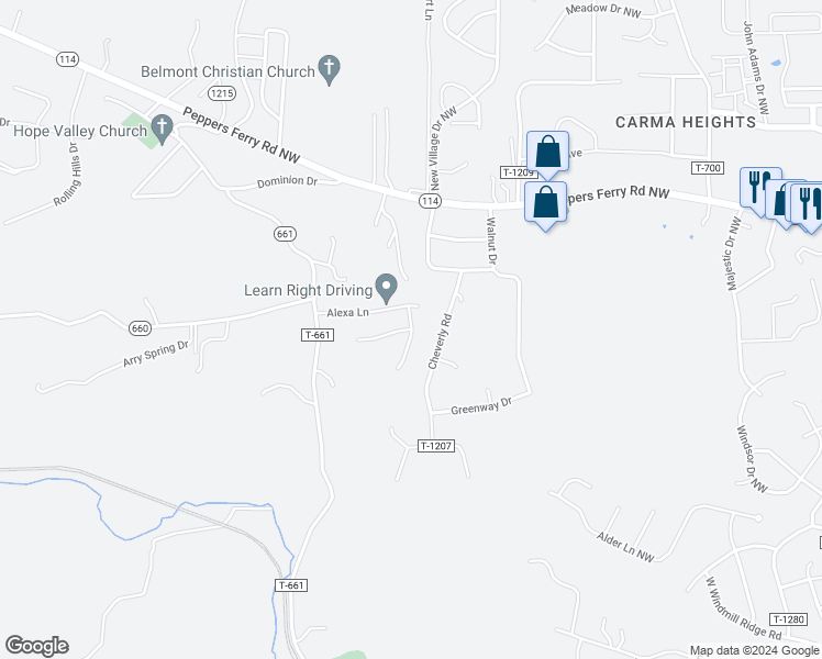 map of restaurants, bars, coffee shops, grocery stores, and more near 25 Gavins Court Northwest in Christiansburg