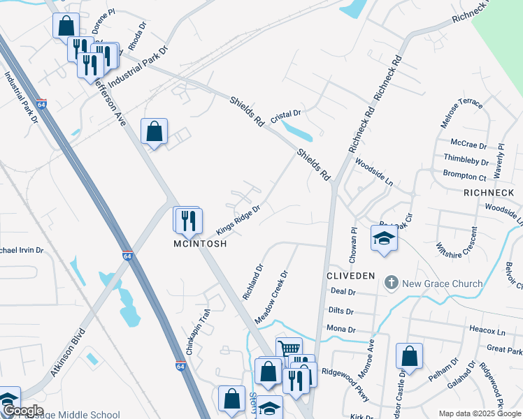 map of restaurants, bars, coffee shops, grocery stores, and more near 722 Kings Ridge Drive in Newport News