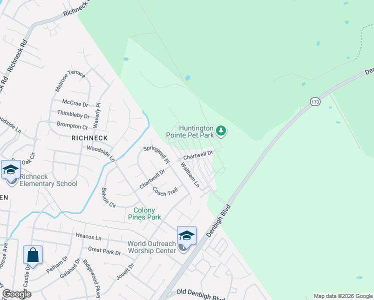 map of restaurants, bars, coffee shops, grocery stores, and more near 1534 Auckland Court in Newport News
