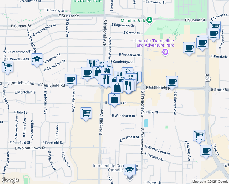 map of restaurants, bars, coffee shops, grocery stores, and more near 1272 East Battlefield Road in Springfield