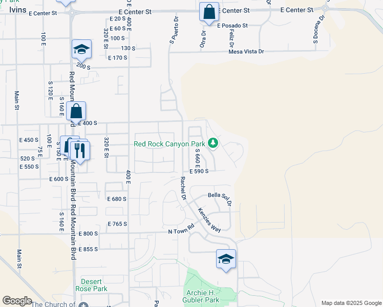map of restaurants, bars, coffee shops, grocery stores, and more near 517 South 625 East in Ivins