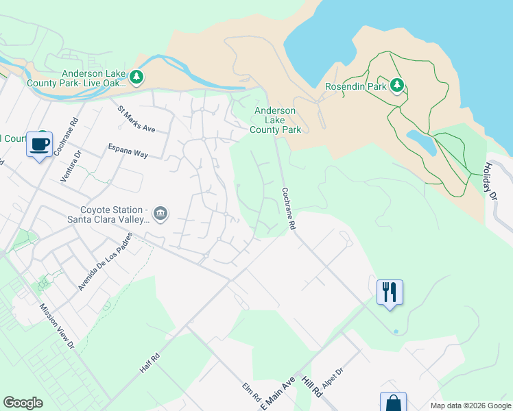 map of restaurants, bars, coffee shops, grocery stores, and more near 18361 Corte Borremeo in Morgan Hill