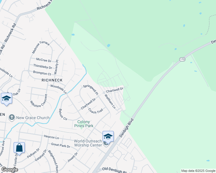 map of restaurants, bars, coffee shops, grocery stores, and more near 1534 Auckland Court in Newport News