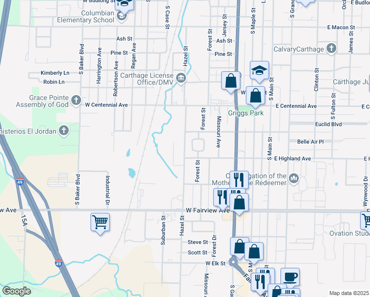 map of restaurants, bars, coffee shops, grocery stores, and more near 1709 Hillcrest Drive in Carthage
