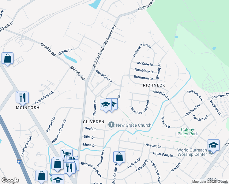 map of restaurants, bars, coffee shops, grocery stores, and more near 414 Oakwood Place in Newport News