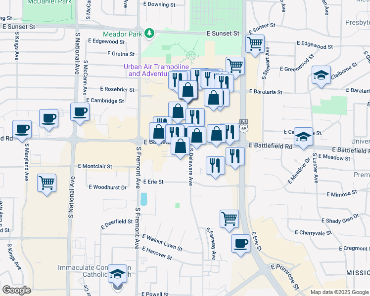 map of restaurants, bars, coffee shops, grocery stores, and more near 1673 E Battlefield Rd in Springfield