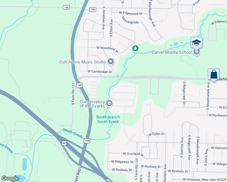 map of restaurants, bars, coffee shops, grocery stores, and more near 3155 Creekside Drive South in Springfield
