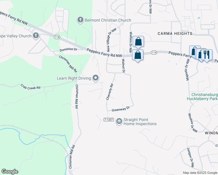 map of restaurants, bars, coffee shops, grocery stores, and more near 290 Cheverly Road in Christiansburg